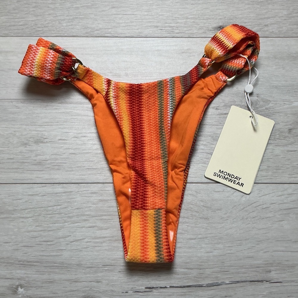Monday Swimwear Orange Red Striped Tie-Side Bikini Bottom - Picture 4 of 6